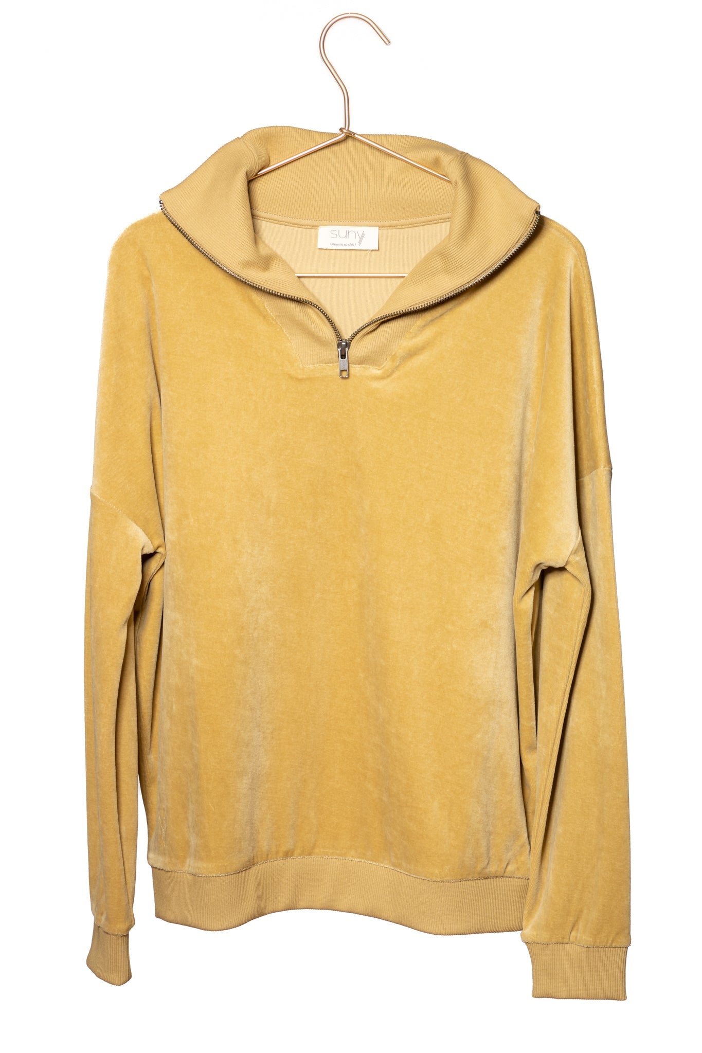 Suny pull camionneur col zippé montant femme velours lisse biologique GOTS bronze terre