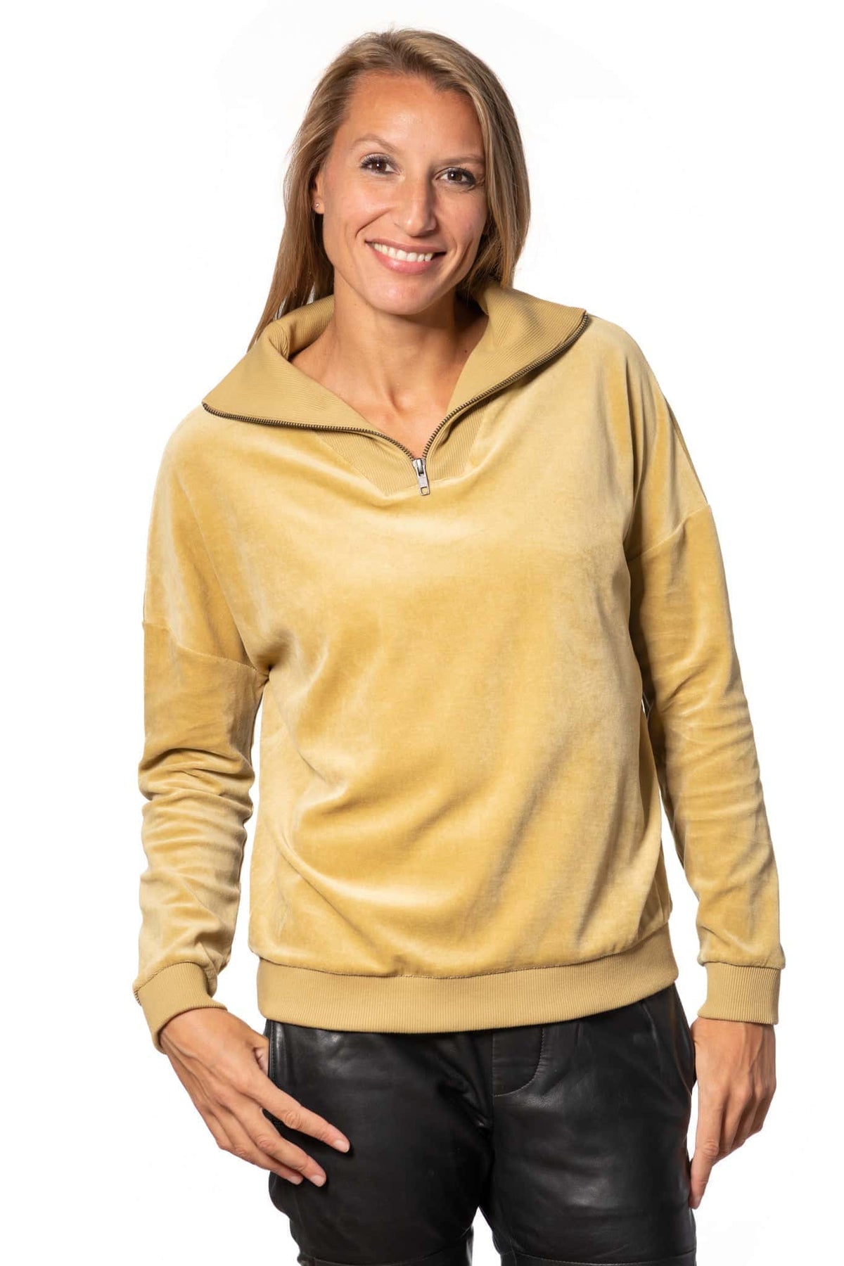 Suny pull camionneur col zippé montant femme velours lisse biologique GOTS bronze terre