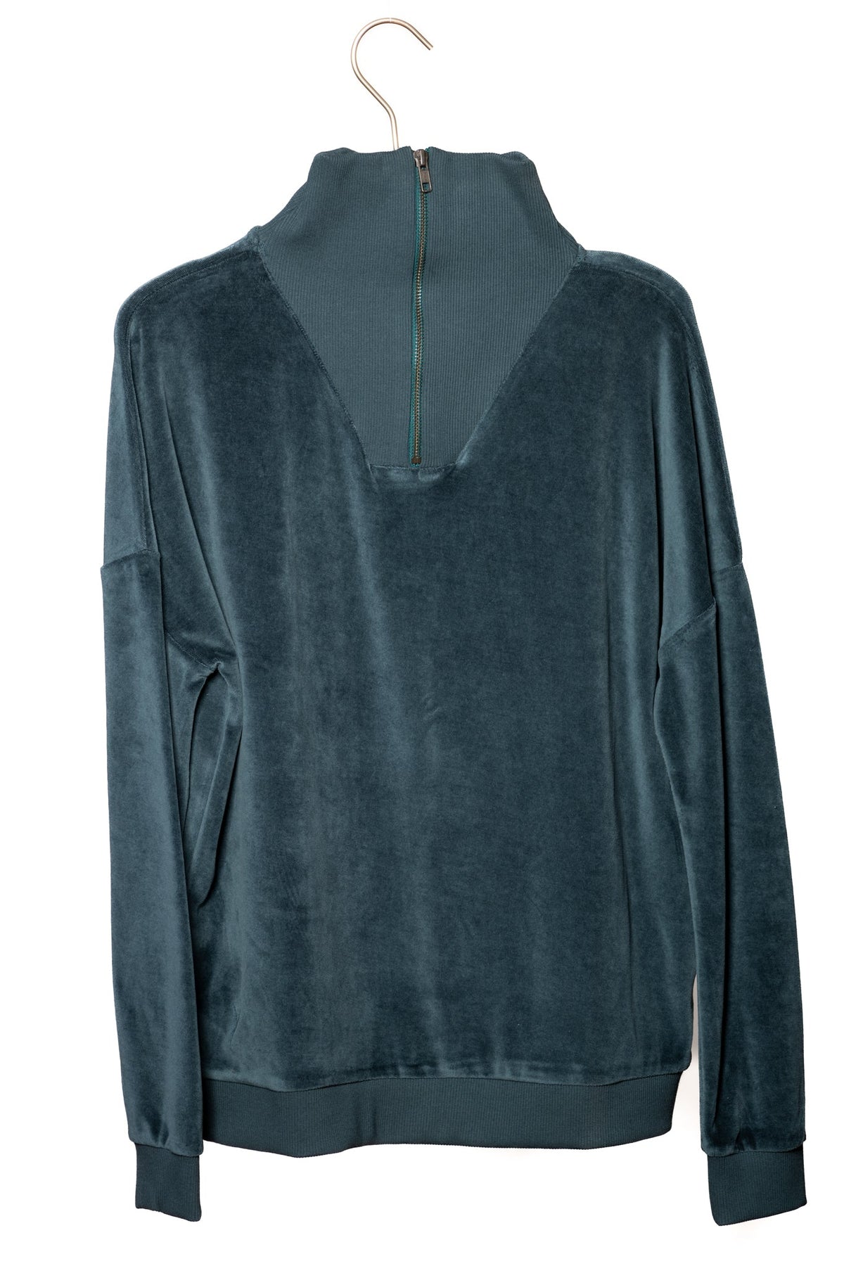 Suny pull camionneur col zippé montant femme velours lisse biologique GOTS vert canard