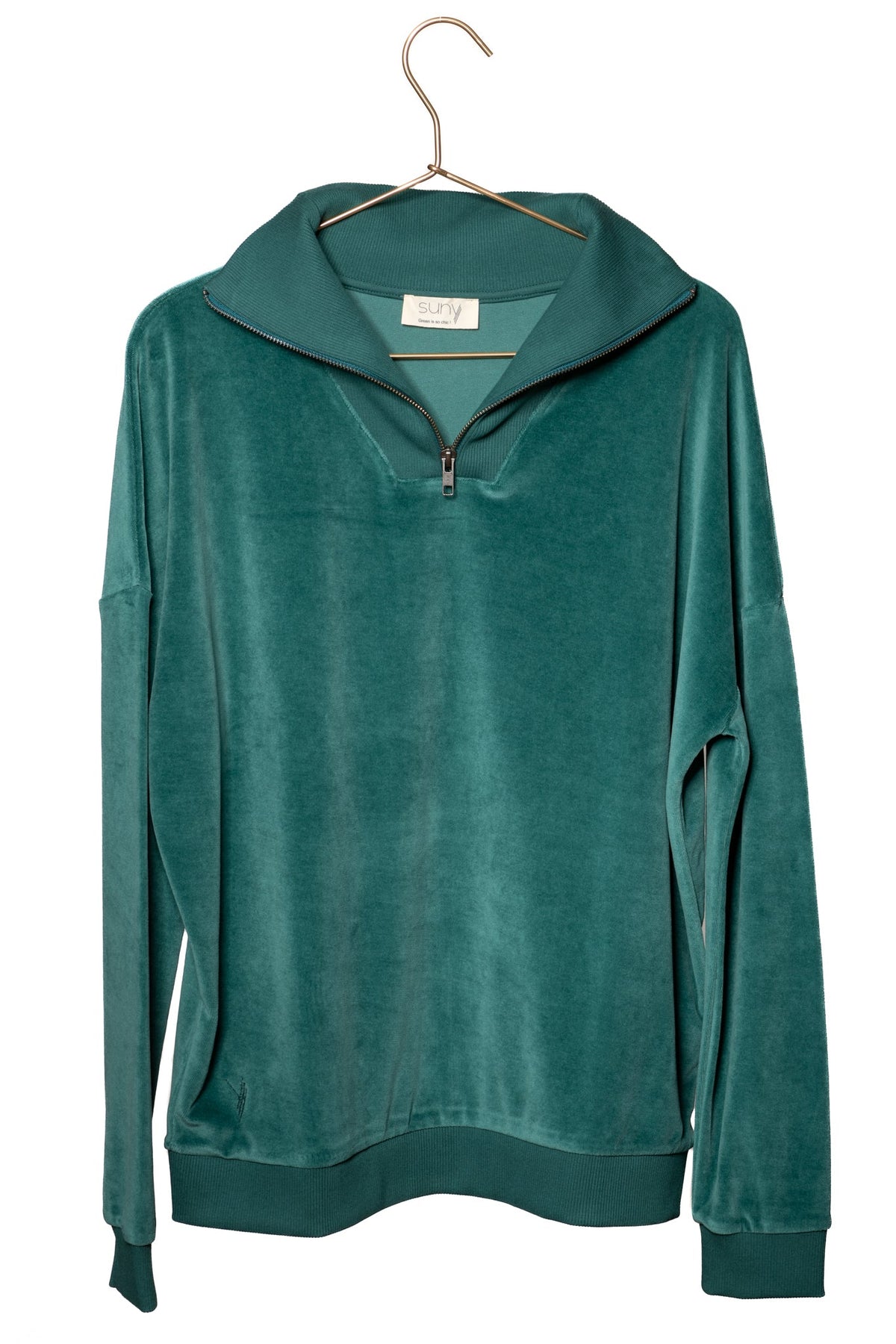 Suny pull camionneur col zippé montant femme velours lisse biologique GOTS vert pin