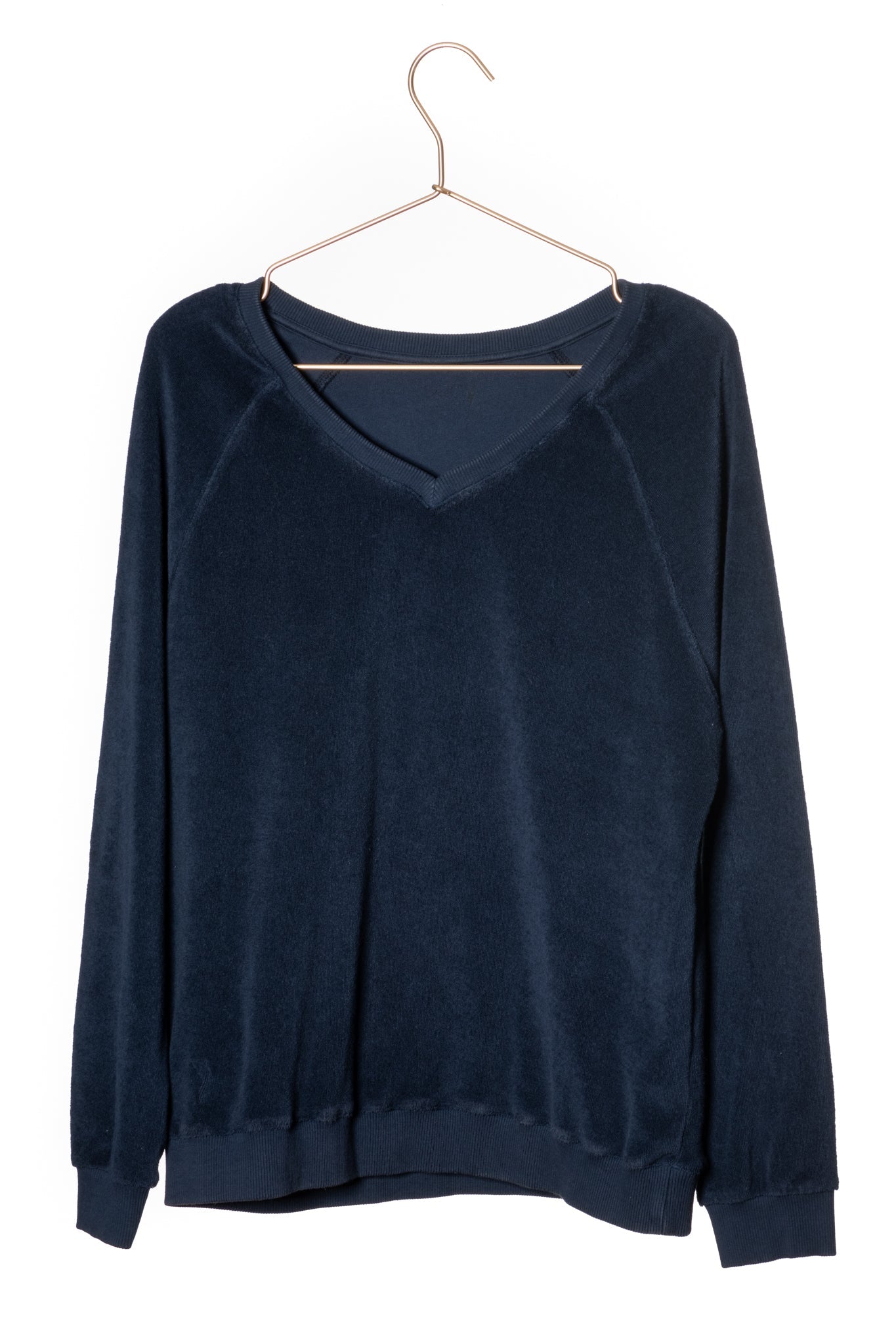 Sweat femme forme ajustée coton bio éco responsable et GOTS éponge bouclette col V bleu marine, bleu foncé