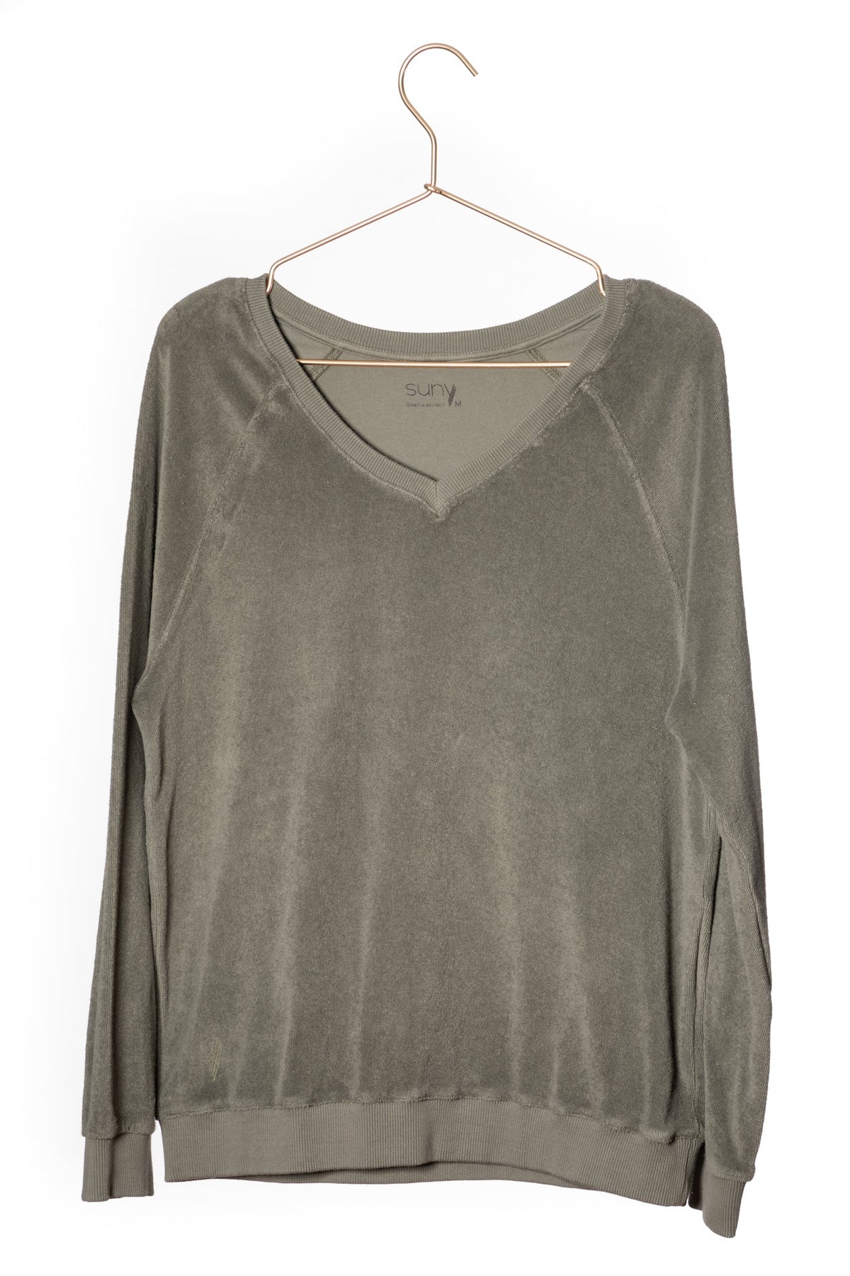 Sweat femme forme ajustée coton bio éco responsable et GOTS éponge bouclette col V gris kaki, gris, kaki, vert doux, gris vert 