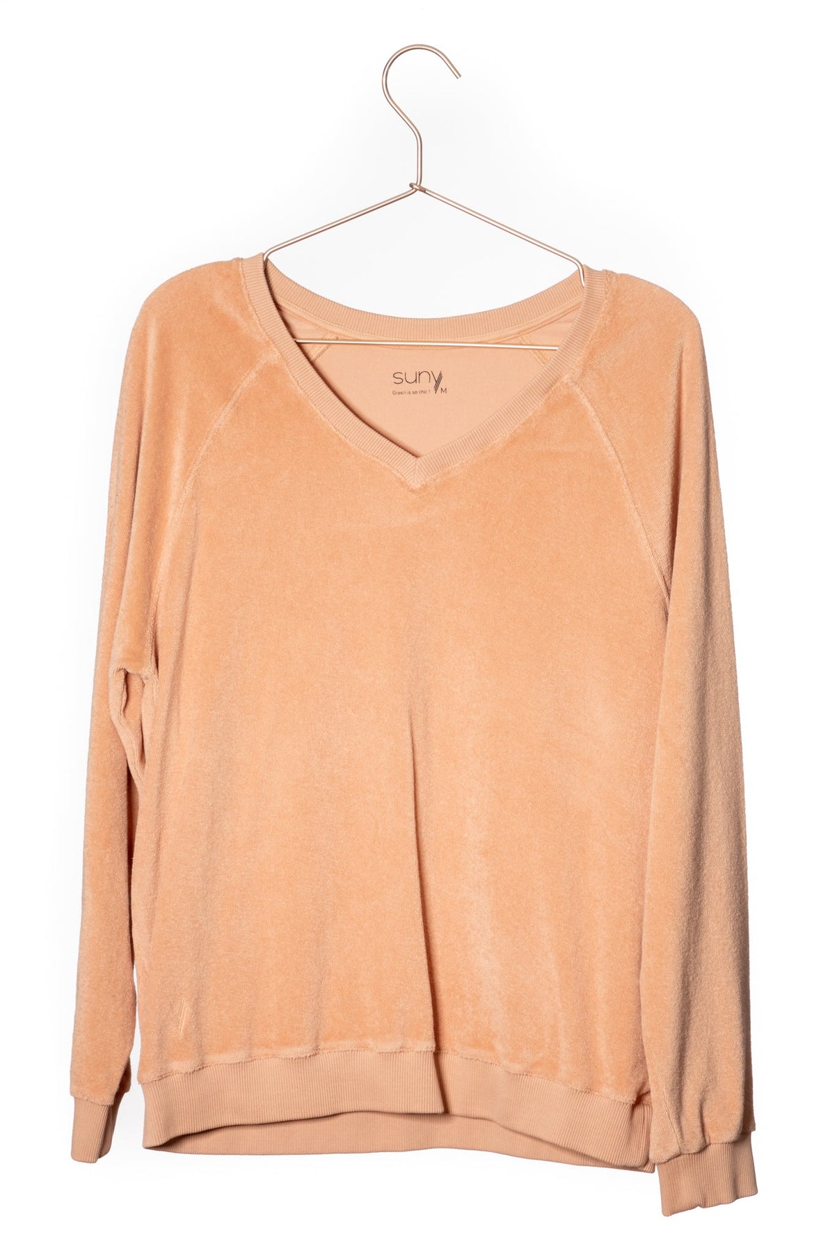 Sweat femme forme ajustée coton bio éco responsable et GOTS éponge bouclette col V rose des sables, rose doux, rose corail, rose brun, rose orange, vieux rose, rose ancien, rose beige, rose caramel