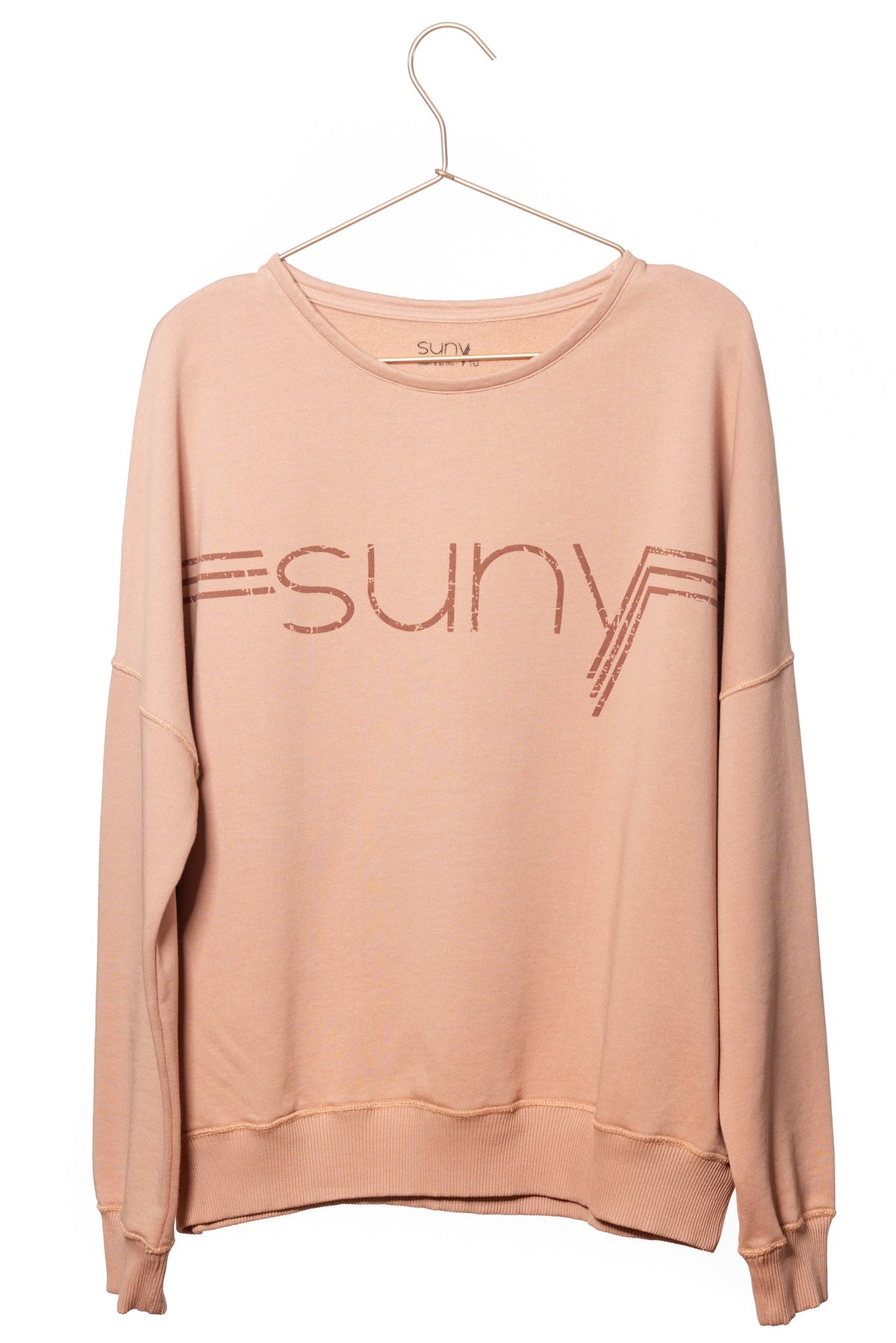 Sweat basique pour femme oversize col rond évasé manche longue manche tombante coton biologique certifié GOTS molleton vieux rose rose doux rose ancien rose pale avec print suny