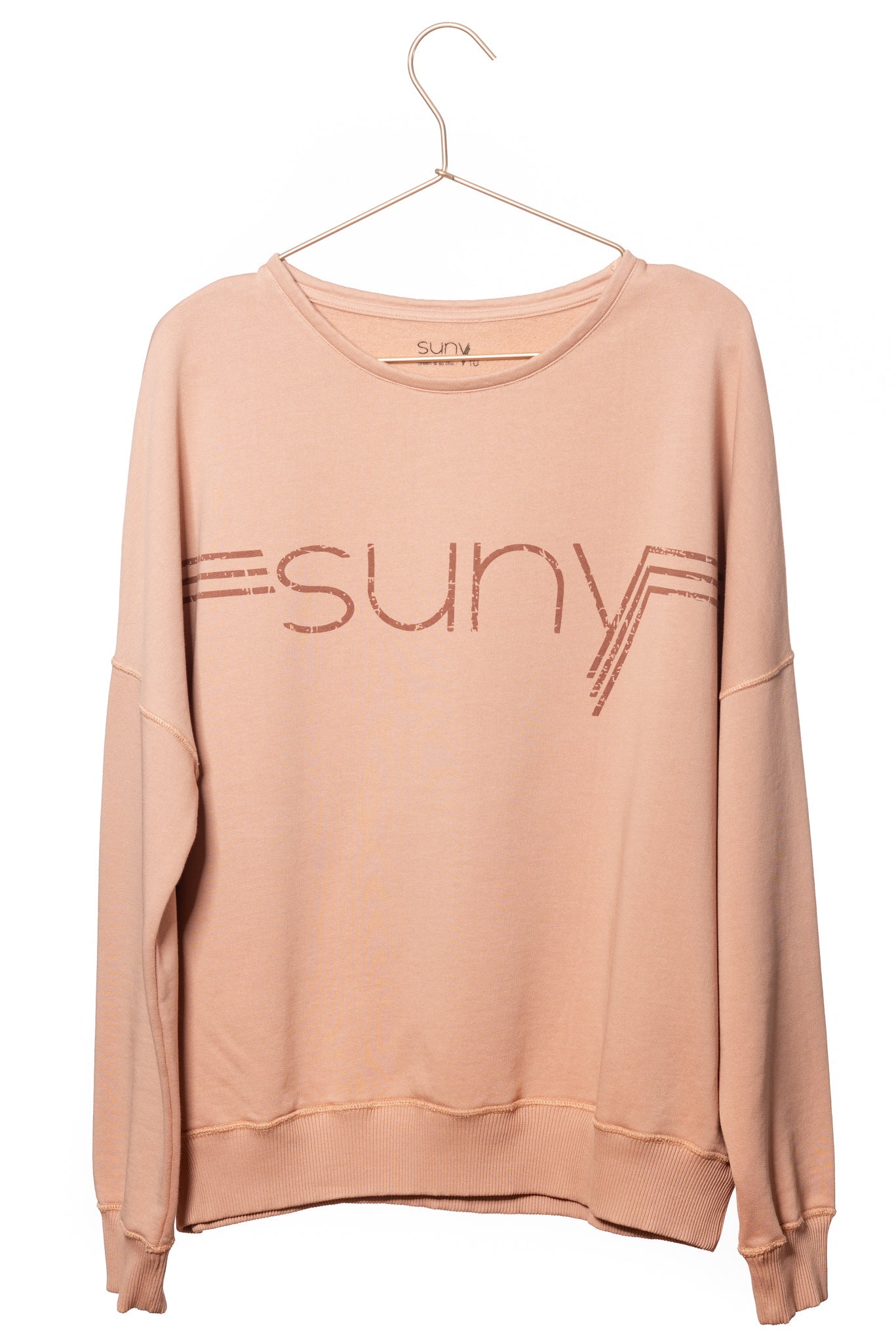 Sweat basique pour femme oversize col rond évasé manche longue manche tombante coton biologique certifié GOTS molleton vieux rose rose doux rose ancien rose pale avec print suny