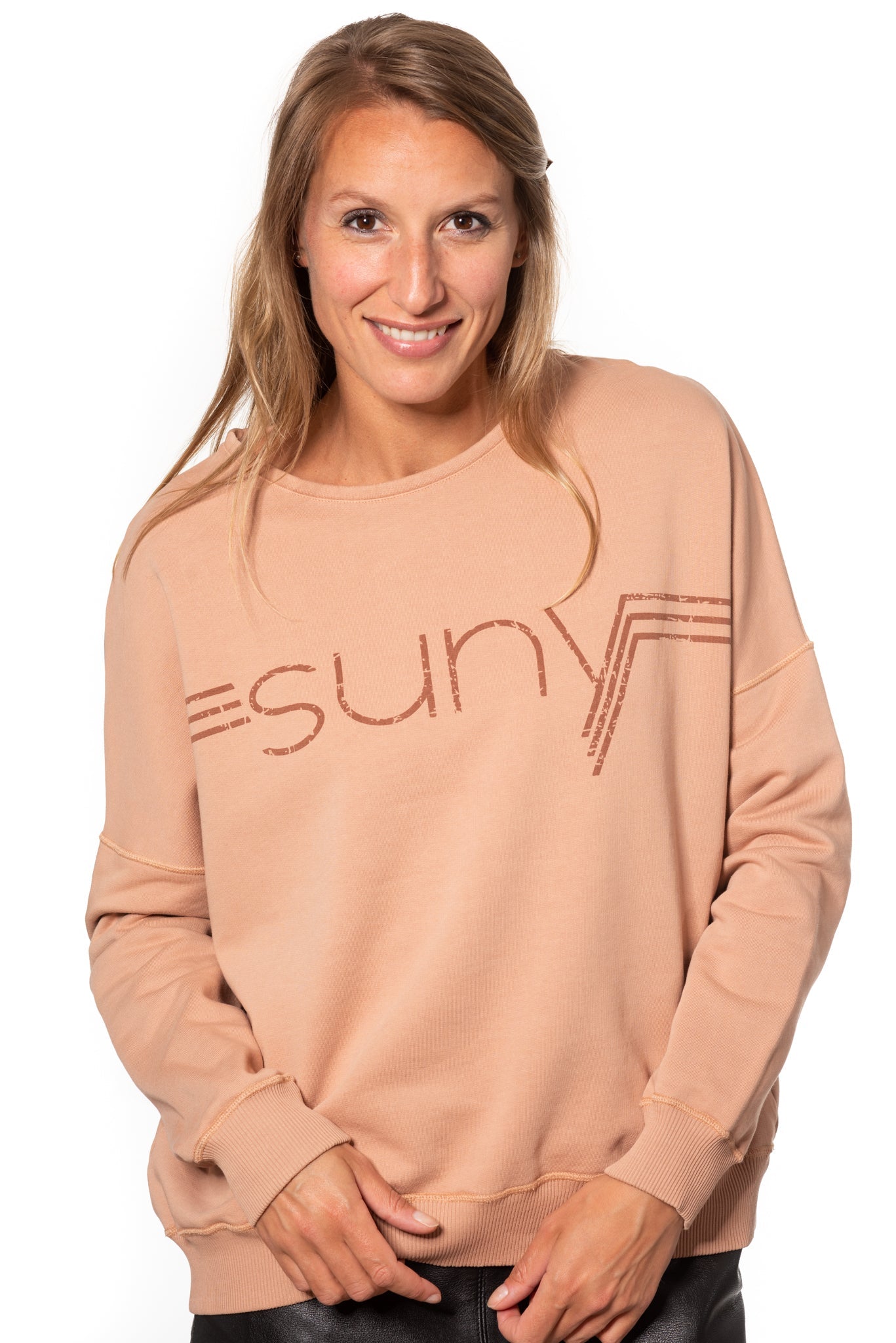 Sweat basique pour femme oversize col rond évasé manche longue manche tombante coton biologique certifié GOTS molleton vieux rose rose doux rose ancien rose pale avec print suny