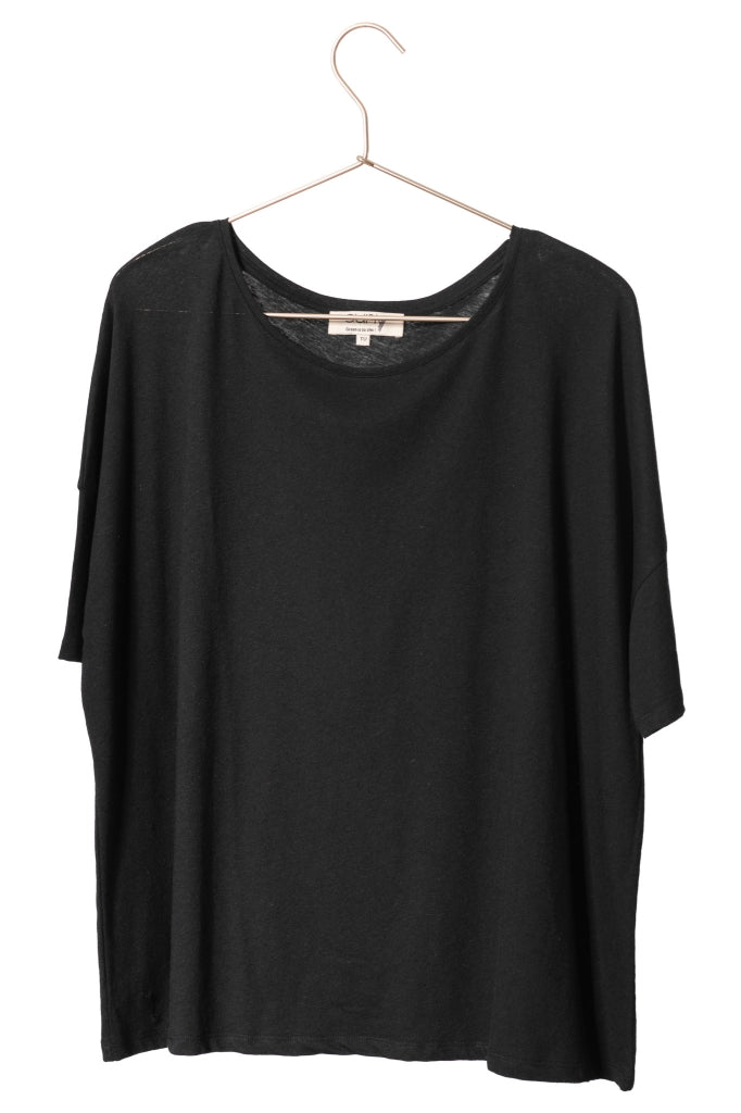 Tee shirt femme manche tombante au coude ample et oversize, en lin et coton upcyclé, col arrondi et évasé noir