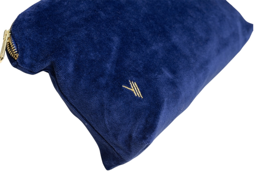 trousse de toilette en velours lisse et bio bleu saphir
