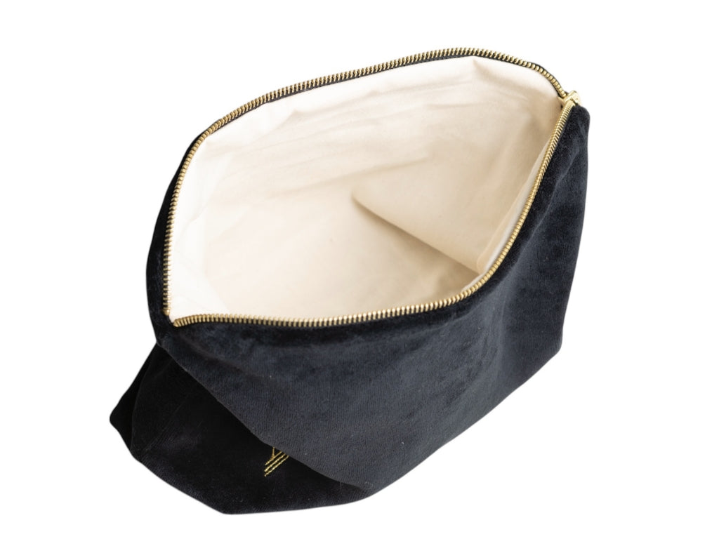 trousse de toilette en velours lisse et bio noire