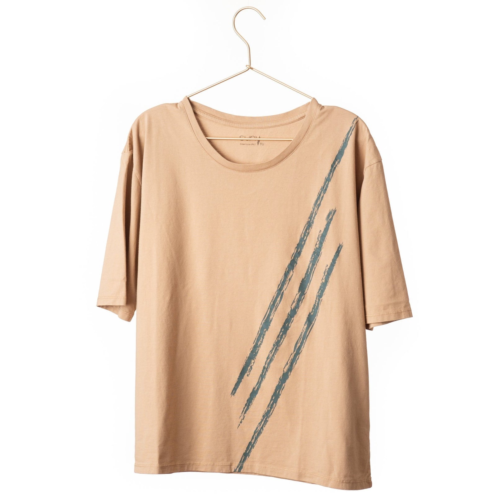 T shirt femme col rond evase manche courte coton bio souple forme loose beige print graphique suny
