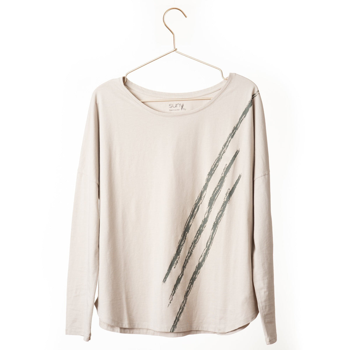 T shirt femme col rond evase manche longue coton bio souple forme oversize craie print graphique suny