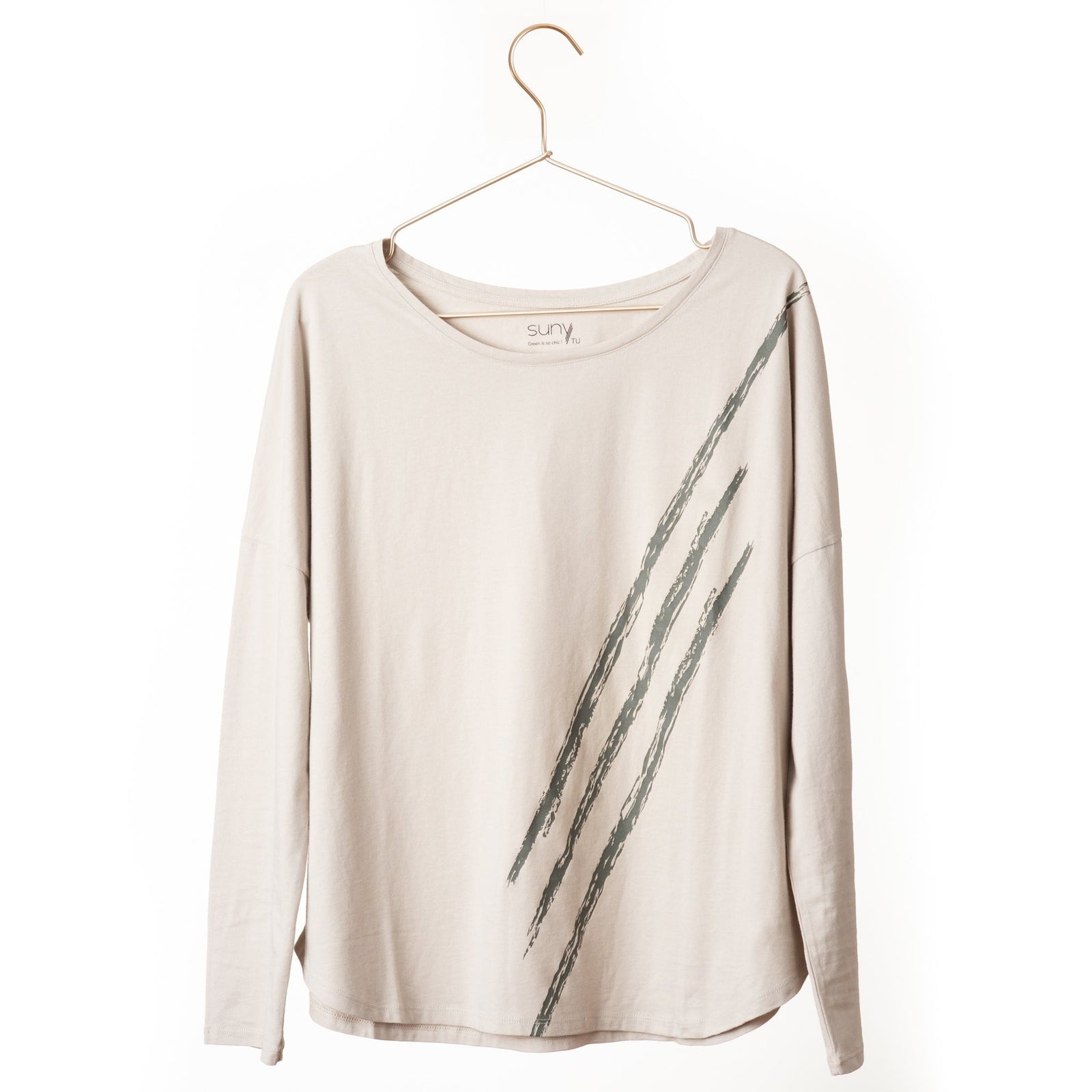 T shirt femme col rond evase manche longue coton bio souple forme oversize craie print graphique suny