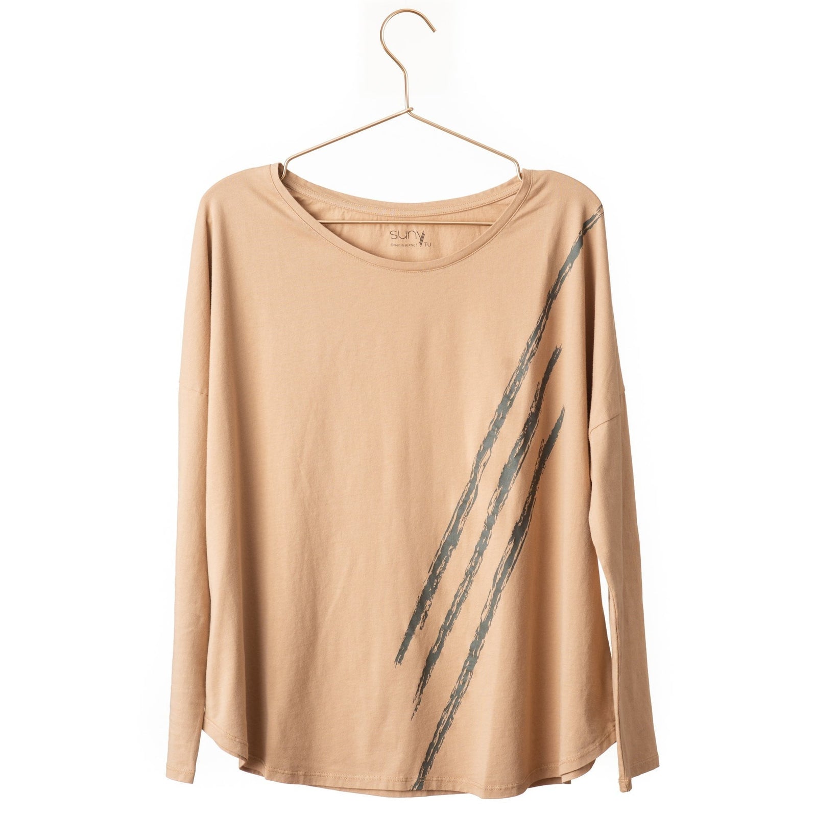 T shirt femme col rond evase manche longue coton bio souple forme oversize beige print graphique suny