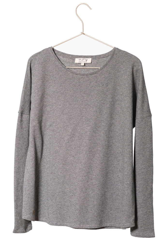 T shirt femme col rond evase manche longue coton upcyclé forme oversize jacquard anthracite et gilet reversible dakota