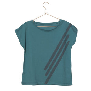 T shirt coton bio eco responsable femme col rond evase manche courte forme ajustee vert bleu print graphique suny