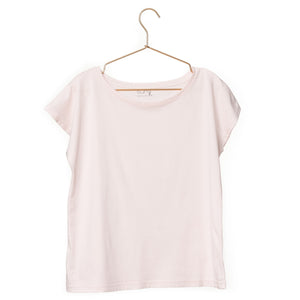T shirt coton bio eco responsable femme col rond evase manche courte forme ajustée rose pale uni suny