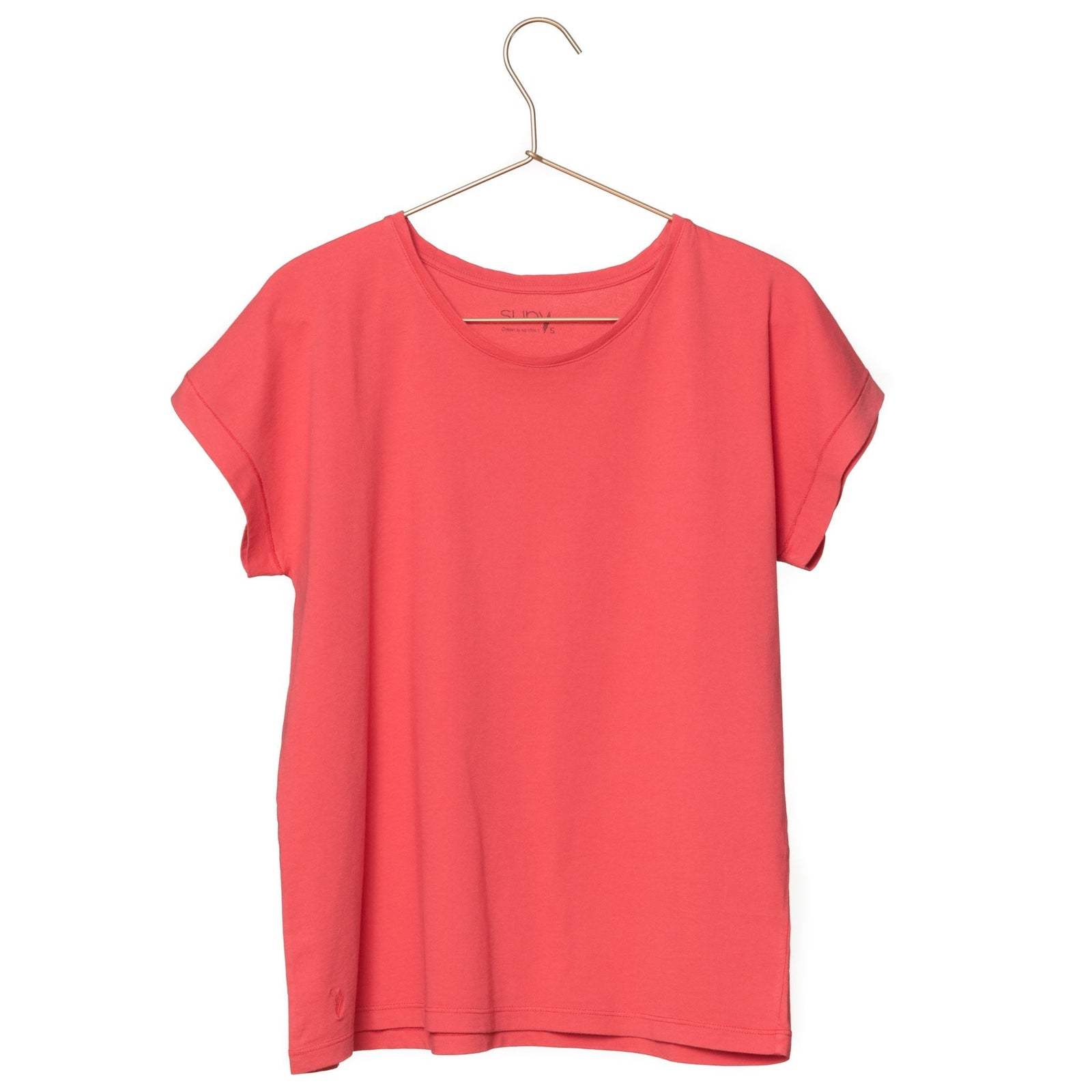 T shirt coton bio eco responsable femme col rond manche courte coupe loose rouge uni suny