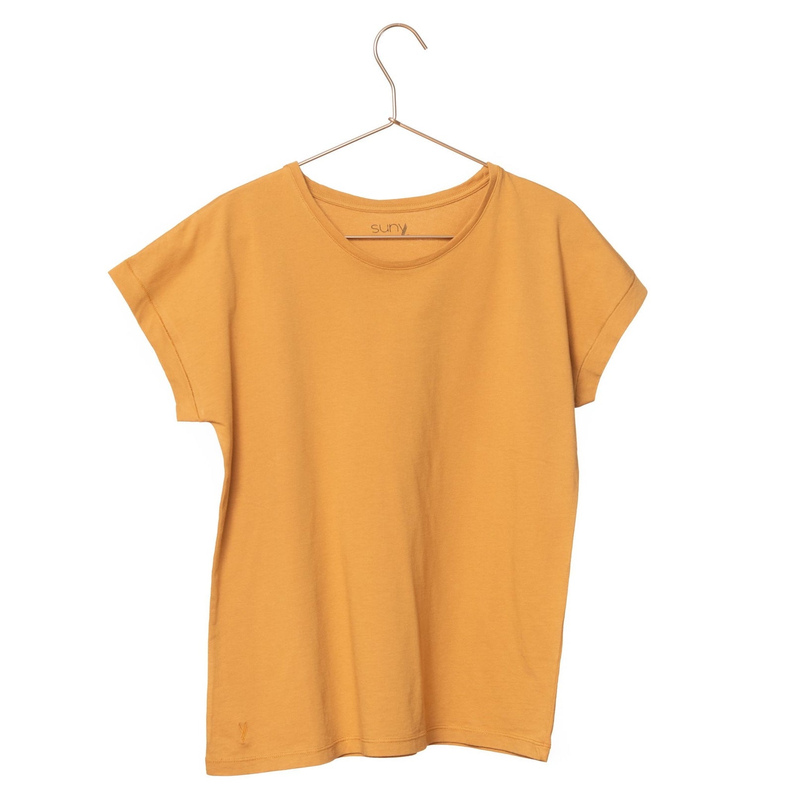 T shirt coton bio eco responsable femme col rond manche courte coupe loose curry uni suny