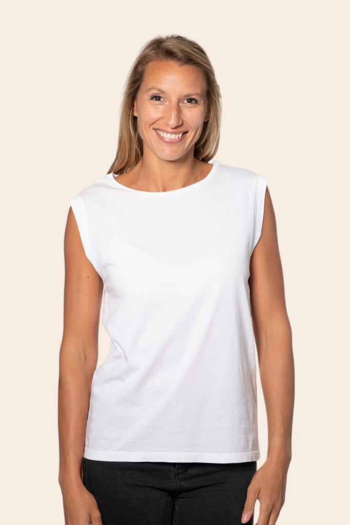 Tee shirt femme sans manche débardeur manche courte rock en coton jersey bio GOTS coupe droite, coupe ajustée, col rond blanc beige, blanc cassé, beige, écru, blanc pâle