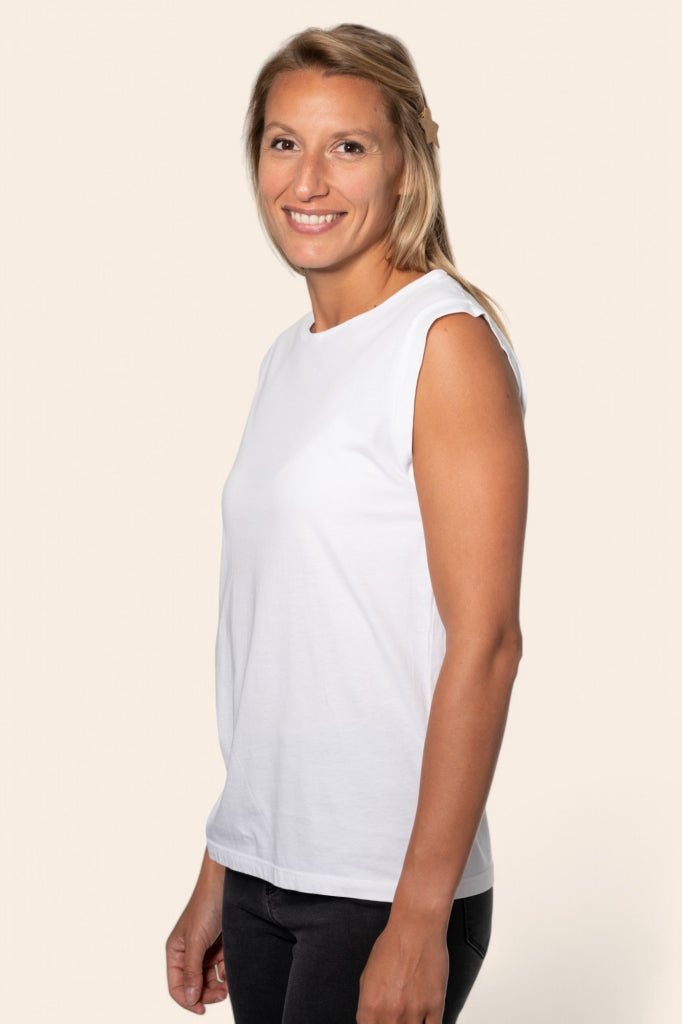 Tee shirt femme sans manche débardeur manche courte rock en coton jersey bio GOTS coupe droite, coupe ajustée, col rond blanc beige, blanc cassé, beige, écru, blanc pâle