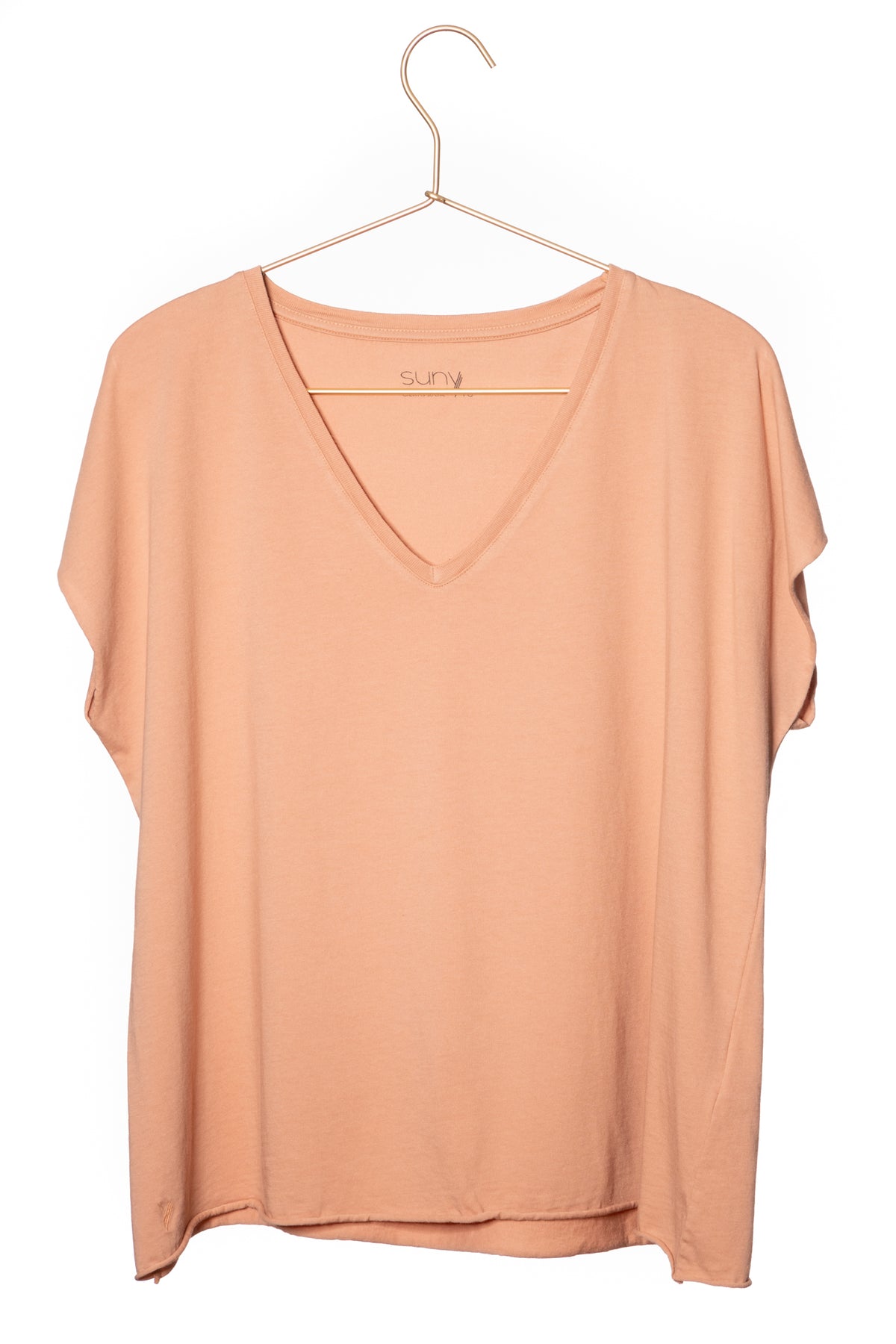 Tee shirt femme manche courte rock court et ample en coton bio GOTS éco responsable sans couture oversize col v rose des sables, rose doux, rose corail, rose brun, rose orange, vieux rose, rose ancien, rose beige, rose caramel