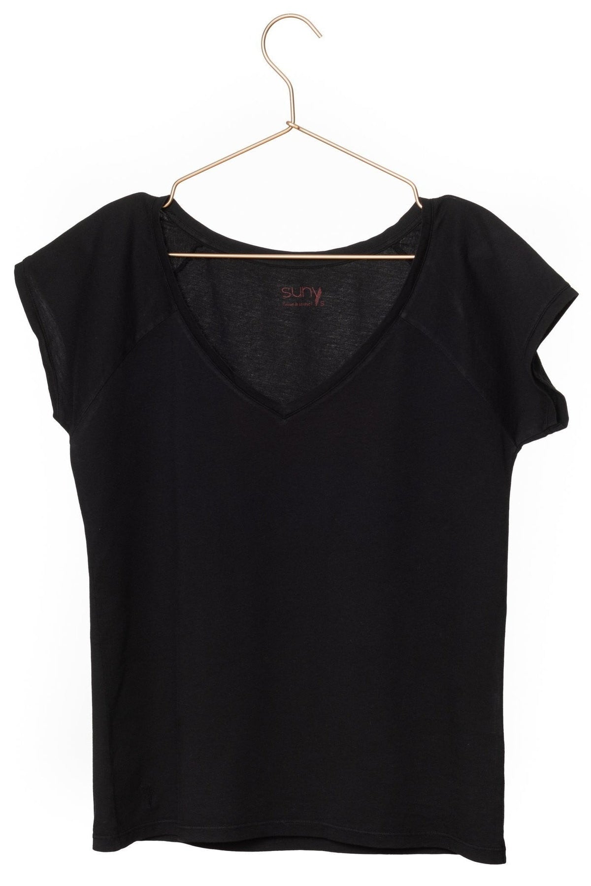 Tee shirt femme manche raglante courte, en coton bio GOTS éco responsable col V noir, charbon, noir intense