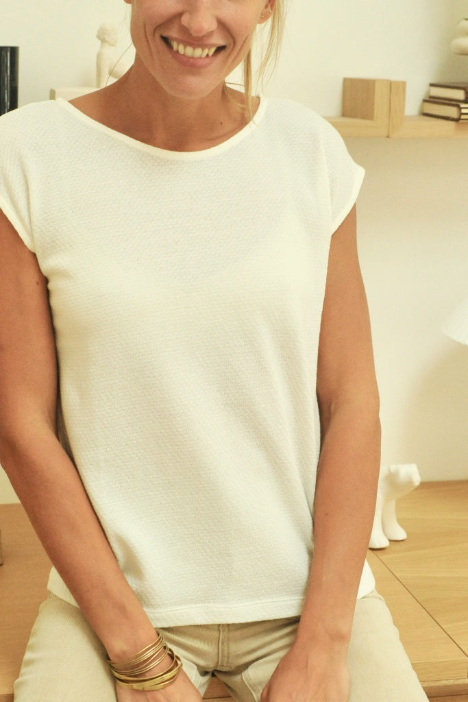 T shirt suny femme manche courte coupe droite uni coton bio GOTS eco responsable col rond évasé blanc