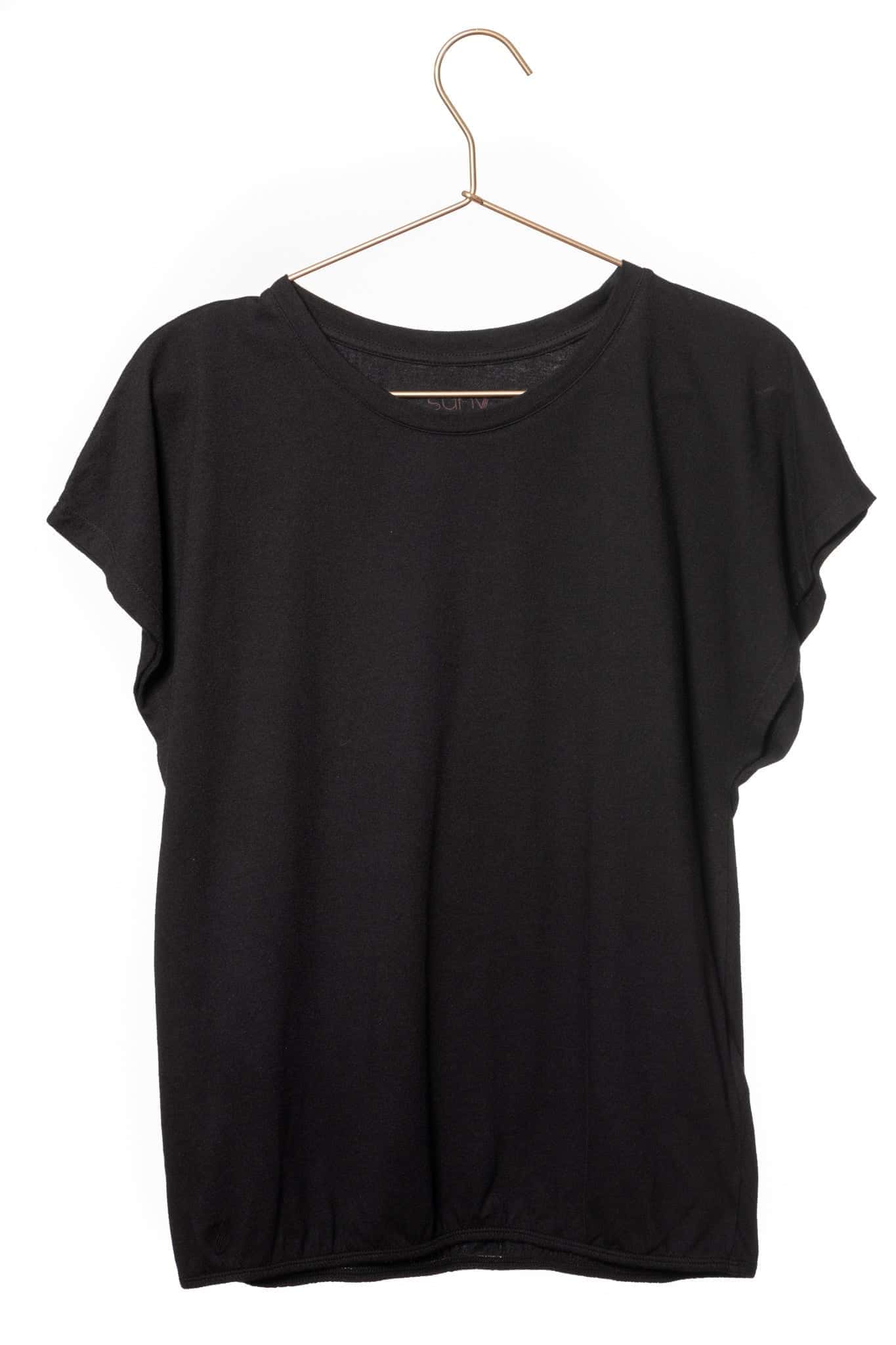 Tee shirt femme manche courte et volante forme droite, blousant et resserré en bas du corps coton bio GOTS, col rond noir, charbon, noir intense