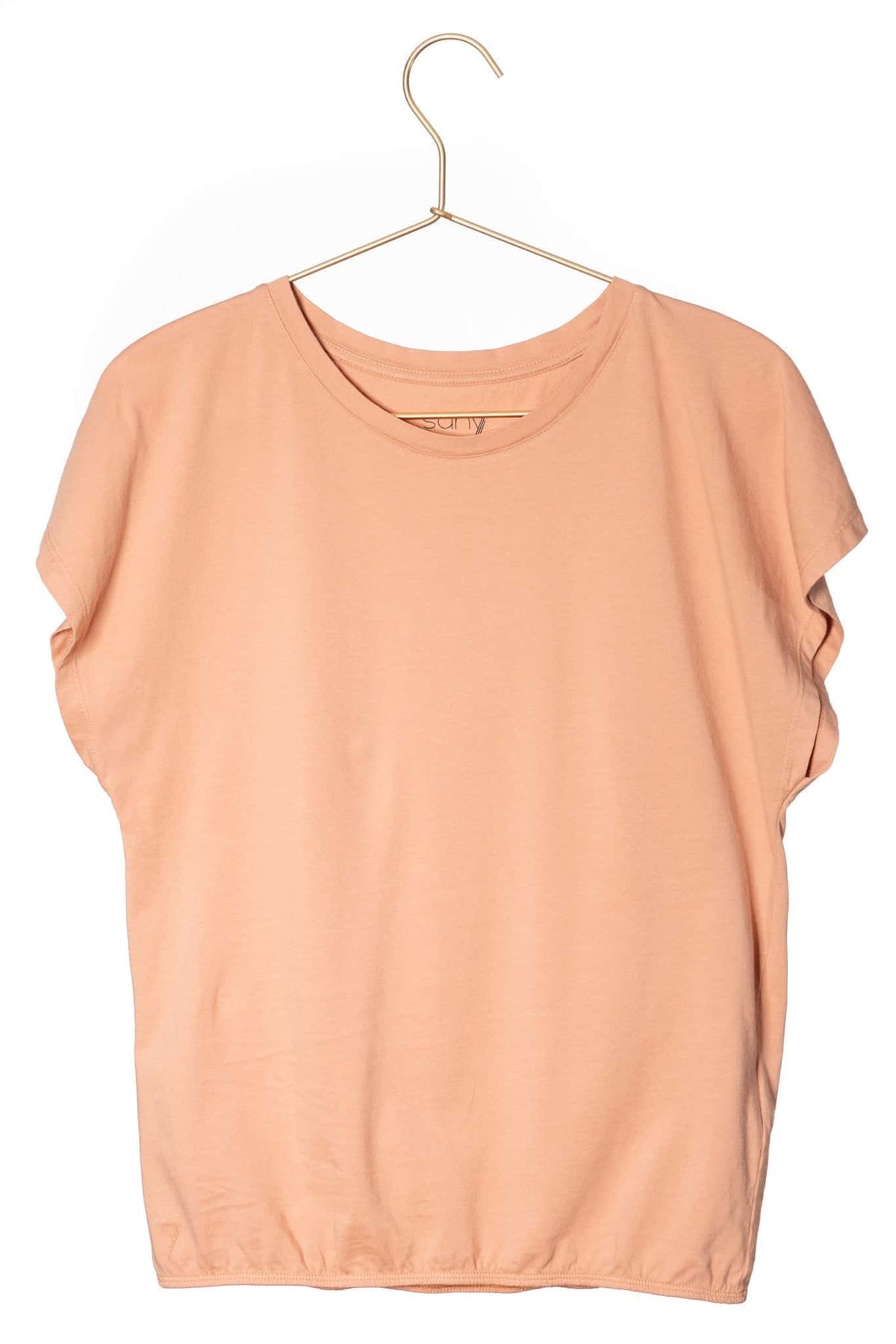 Tee shirt femme manche courte et volante forme droite, blousant et resserré en bas du corps coton bio GOTS, col rond rose des sables, rose doux, rose corail, rose brun, rose orange, vieux rose, rose ancien, rose beige, rose caramel