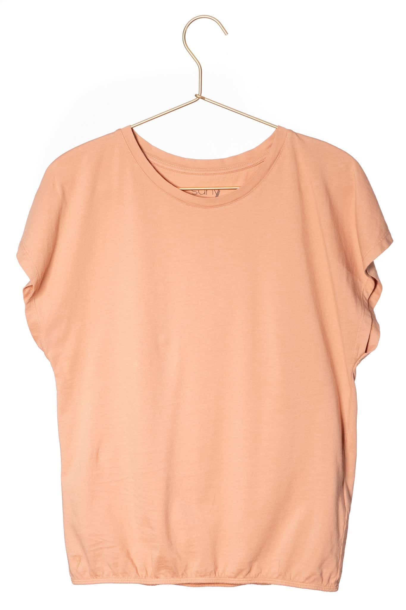Tee shirt femme manche courte et volante forme droite, blousant et resserré en bas du corps coton bio GOTS, col rond rose des sables, rose doux, rose corail, rose brun, rose orange, vieux rose, rose ancien, rose beige, rose caramel