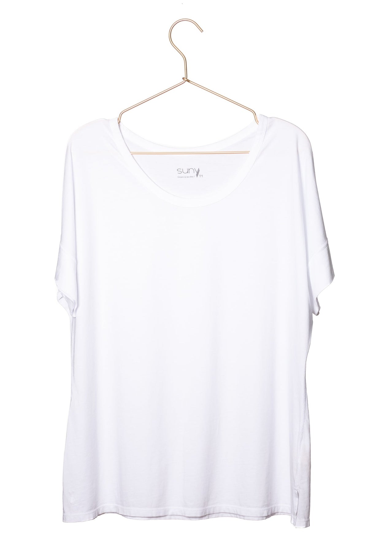 Tee shirt femme manche courte au coude ample et oversize, fente en bas de corps en coton bio GOTS, col arrondi et évasé blanc beige, blanc cassé, beige, écru, blanc pâle