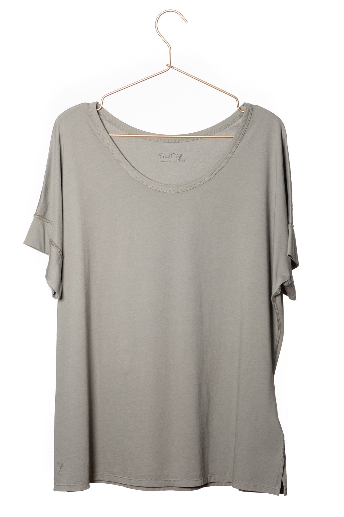 Tee shirt femme manche courte au coude ample et oversize, fente en bas de corps en coton bio GOTS, col arrondi et évasé gris kaki, gris, kaki, vert doux, gris vert 