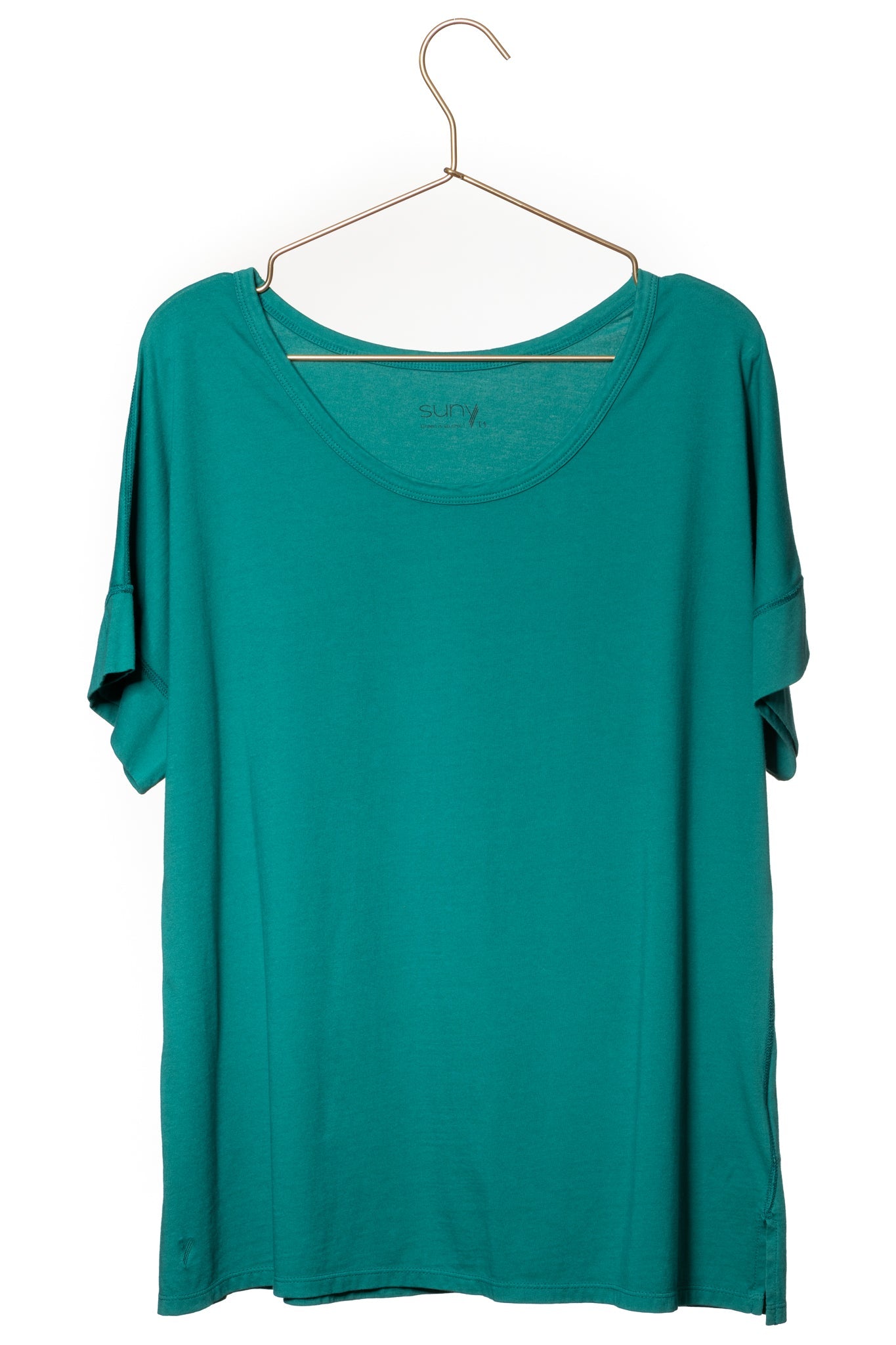Tee shirt femme manche courte au coude ample et oversize, fente en bas de corps en coton bio GOTS, col arrondi et évasé vert émeraude, vert intense, vert lumineux, vert canard, vert bleu, vert vif, vert profond