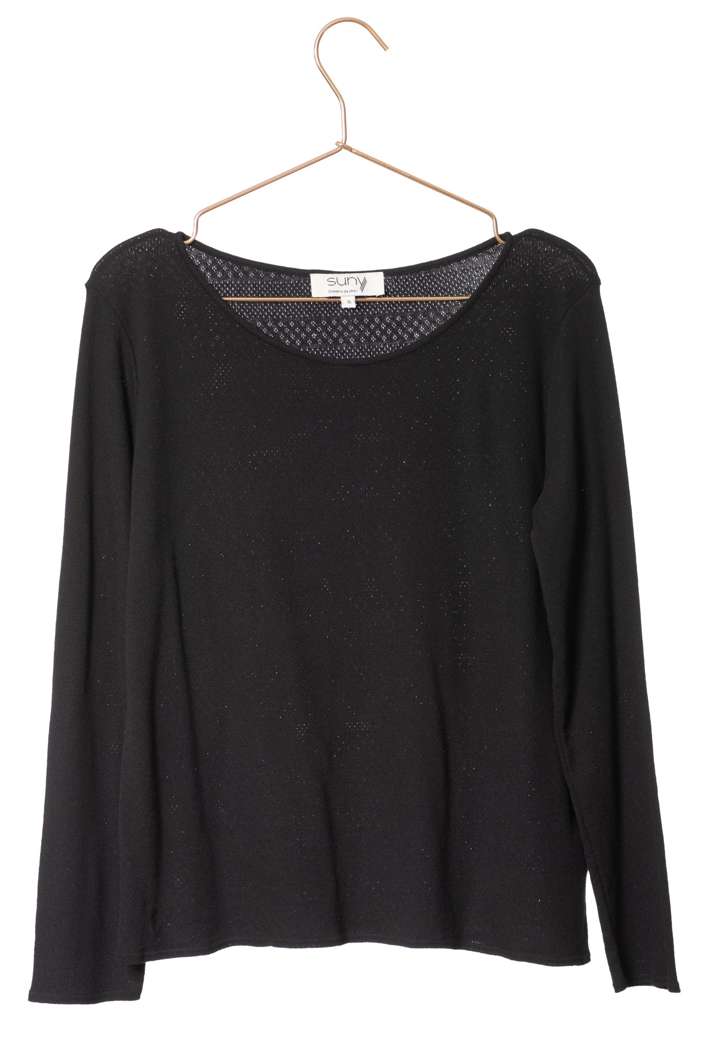 Tee shirt coton bio certifié GOTS col rond évasé manche longue pour femme matière ajourée noir gris foncé, charbon, anthracite,