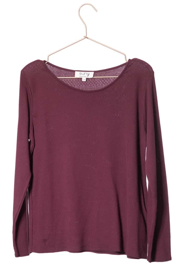 Tee shirt coton bio certifié GOTS col rond évasé manche longue pour femme matière ajourée violet