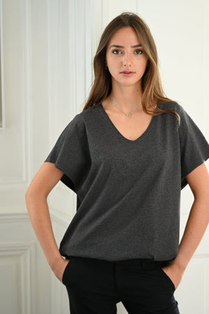 Tee shirt femme manche courte forme oversize coton upcyclé col V gris anthracite chiné