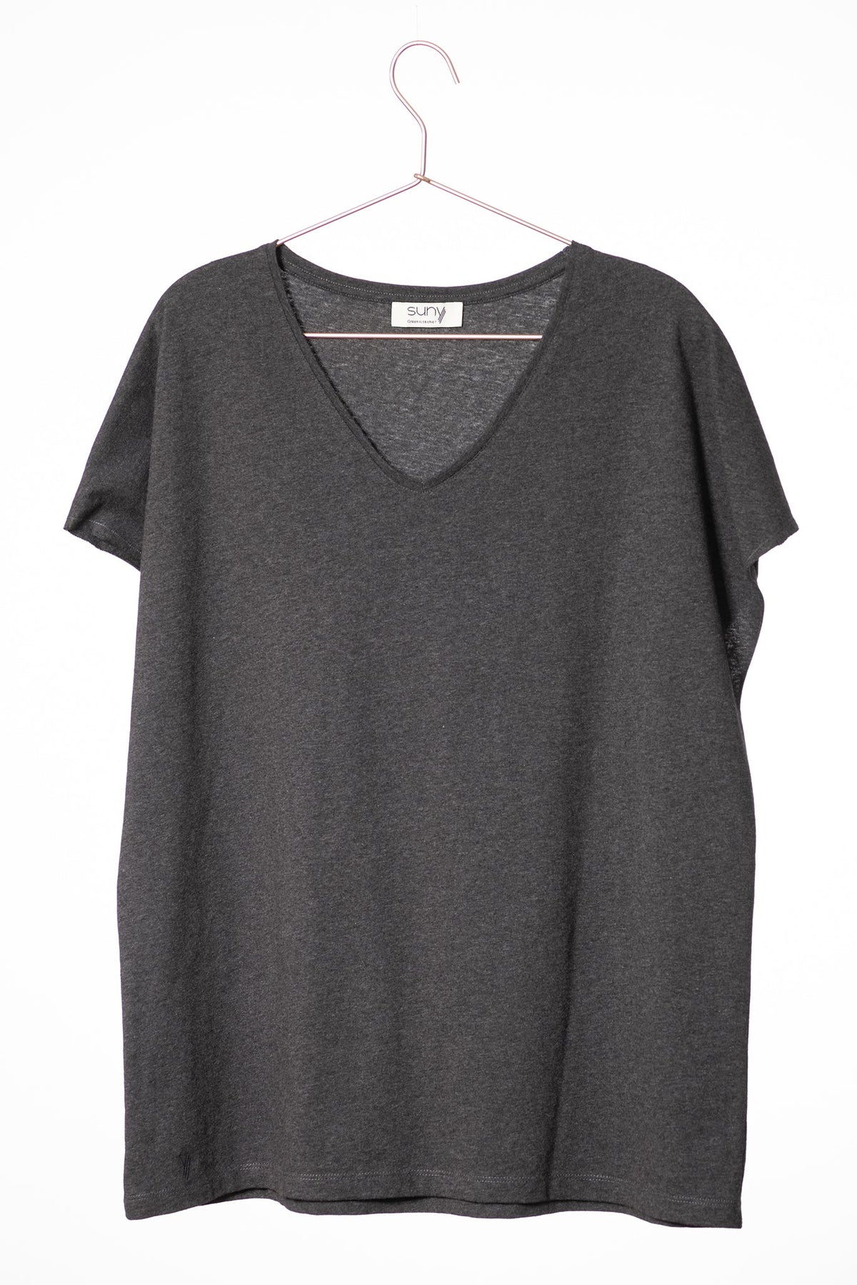 Tee shirt femme manche courte forme oversize coton upcyclé col V gris anthracite chiné