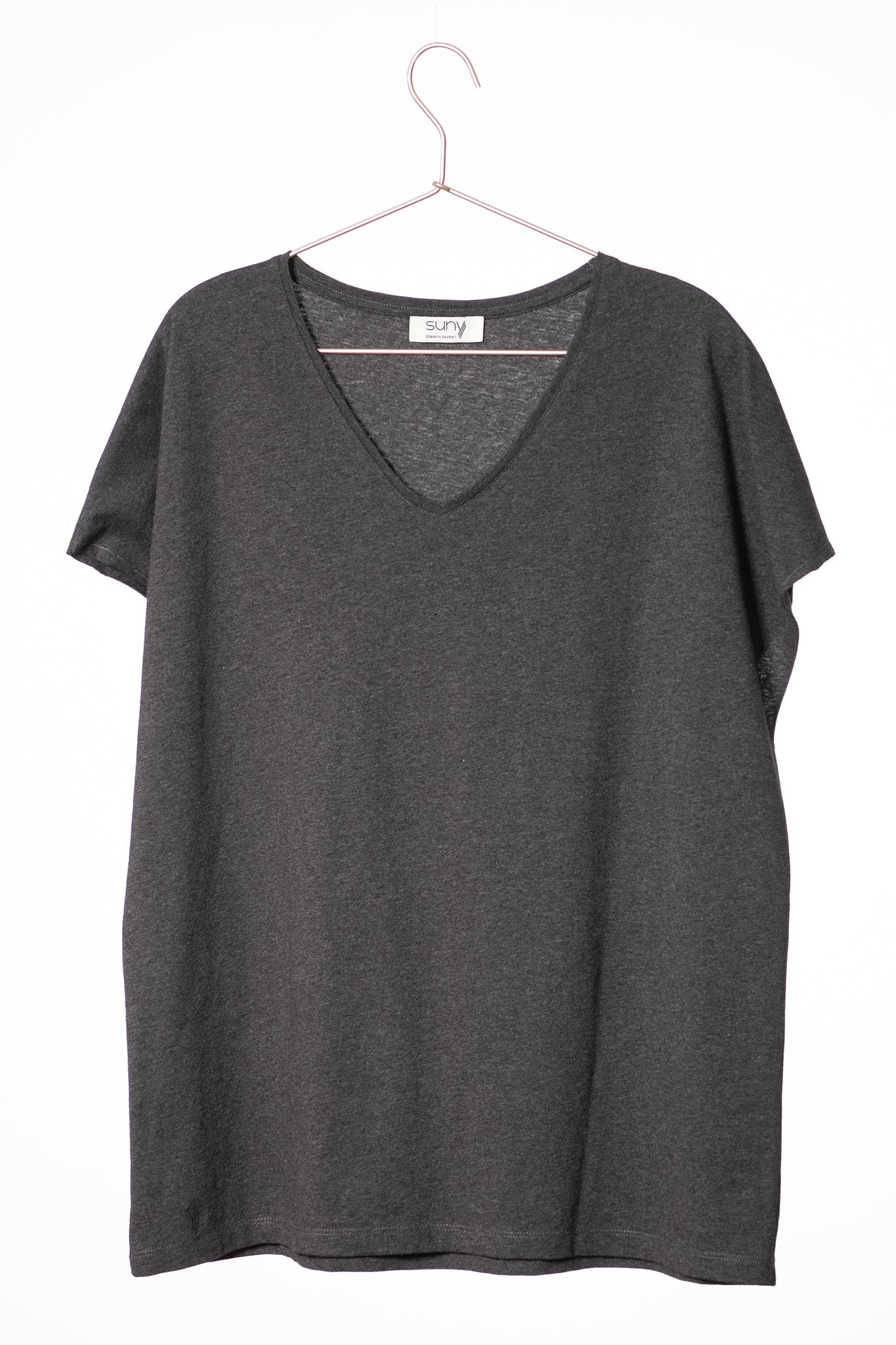 Tee shirt femme manche courte forme oversize coton upcyclé col V gris anthracite chiné