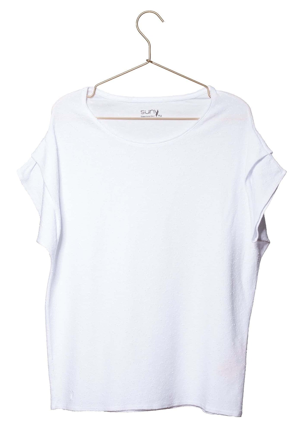 Tee shirt pour femme oversize col évasé dégagé manche courte tombante à pince en coton bio effet lin GOTS et eco responsable blanc 