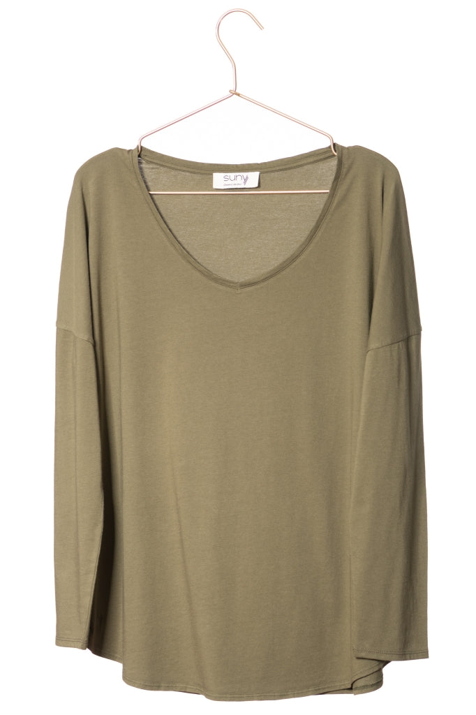 T shirt femme col V manche longue coton bio souple forme oversize KAKI mousse