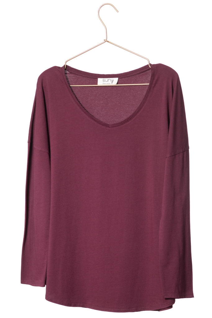 T shirt femme col V manche longue coton bio souple forme oversize prune
