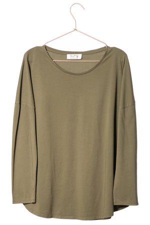 Tee shirt pour femme en coton bio GOTS eco responsable à manche longue, oversize, col rond Extra suny kaki mousse