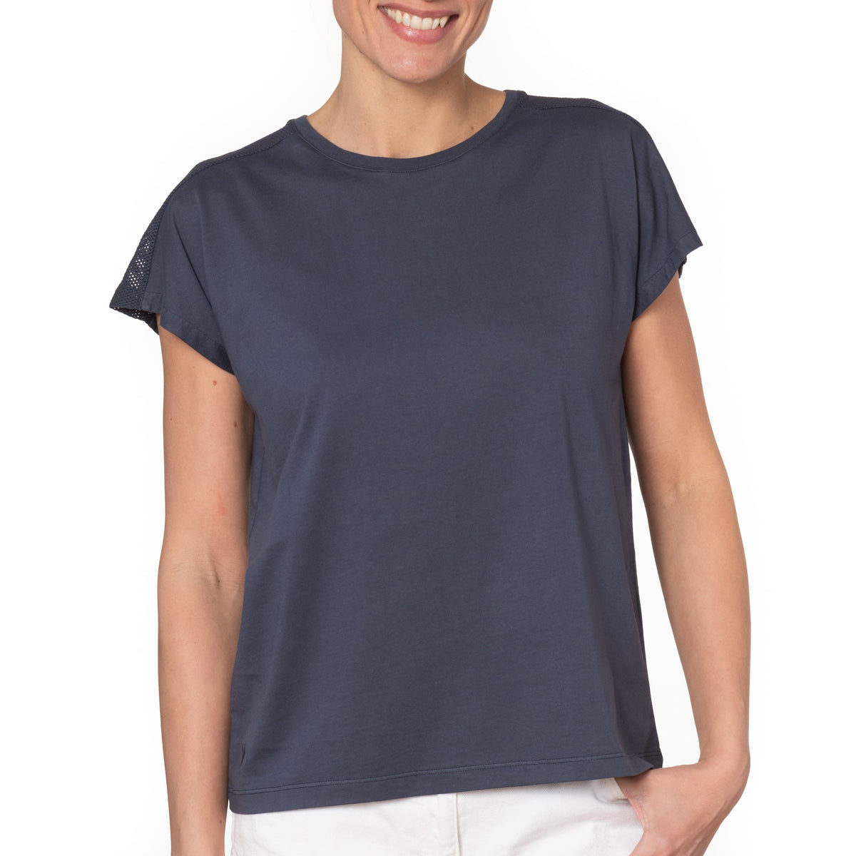 T shirt coton bio eco responsable femme col rond manche courte coupe droite meche bleu suny