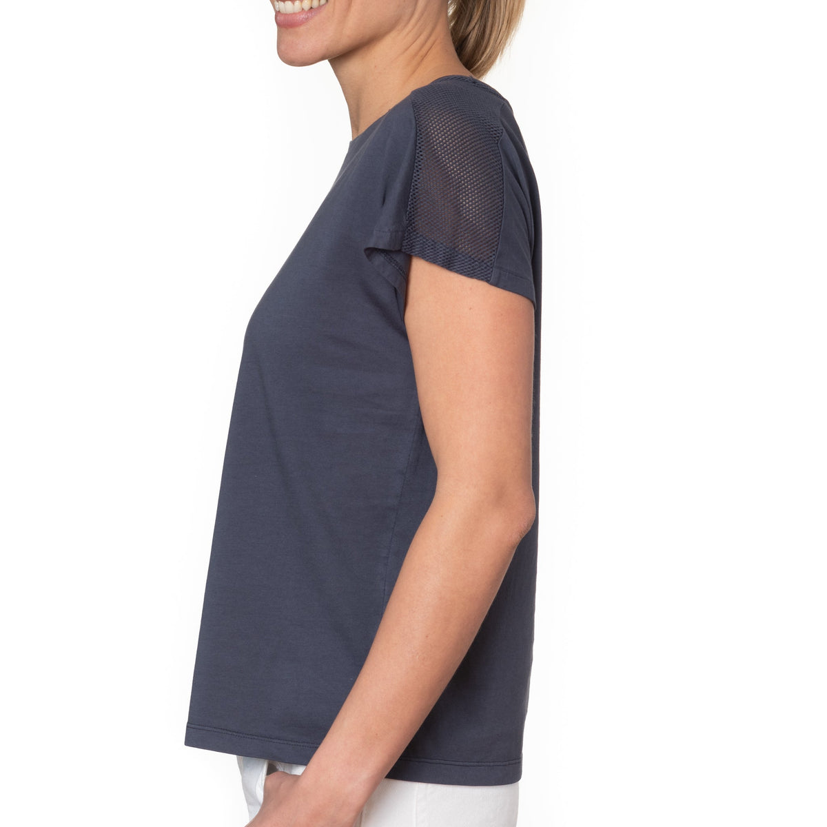 T shirt coton bio eco responsable femme col rond manche courte coupe droite meche bleu suny