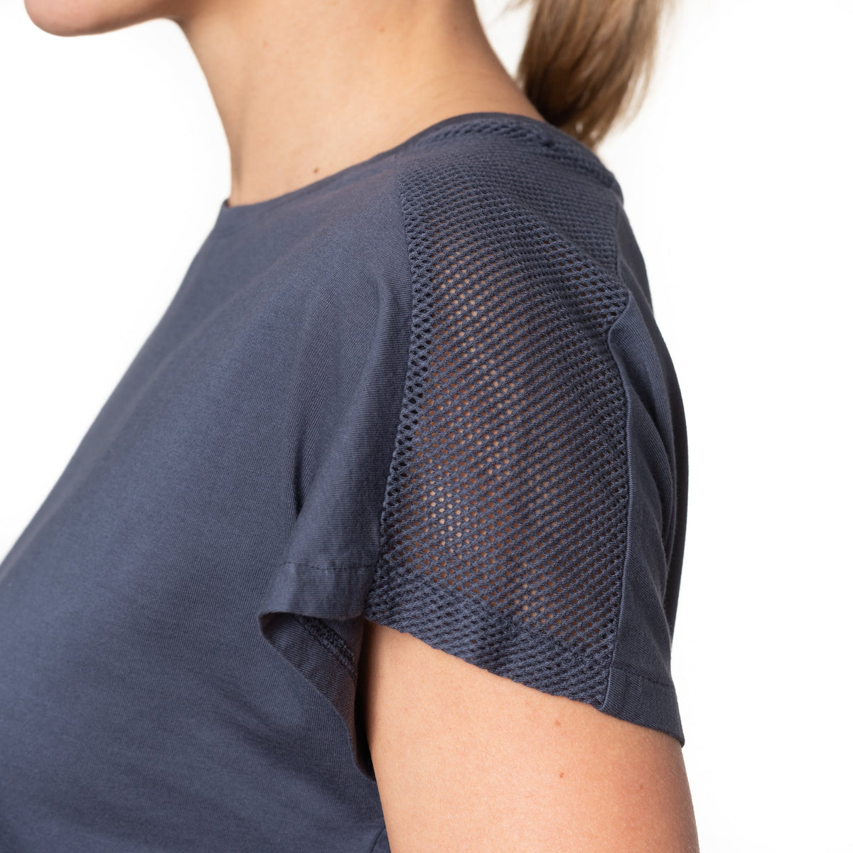 T shirt coton bio eco responsable femme col rond manche courte coupe droite meche bleu suny