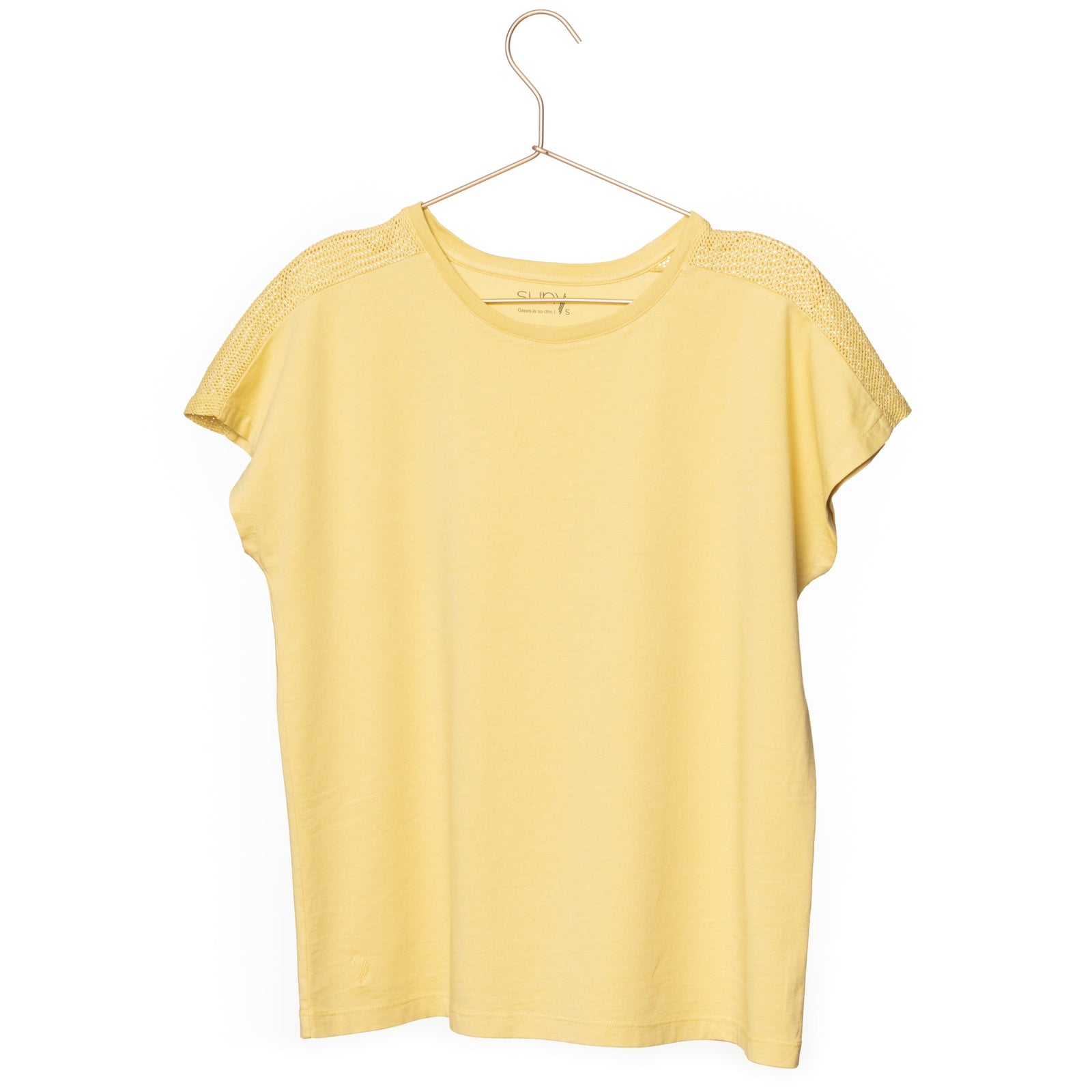 T shirt coton bio eco responsable femme col rond manche courte coupe droite meche jaune suny