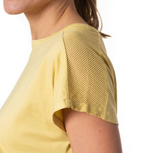 T shirt coton bio eco responsable femme col rond manche courte coupe droite meche jaune suny