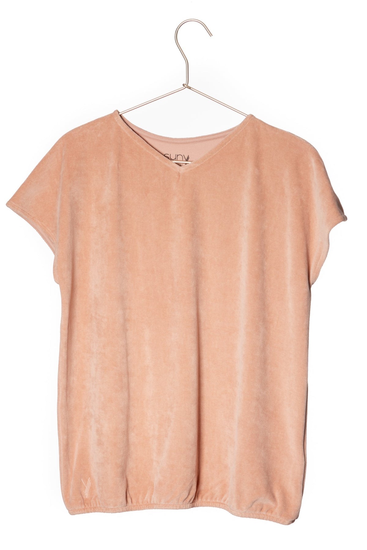 Tee shirt femme à manche courte forme ajustée droite et resserrée en bas de corps, col V Suny en velours bio GOTS et eco responsable vieux rose rose rose doux rose ancien rose pâle