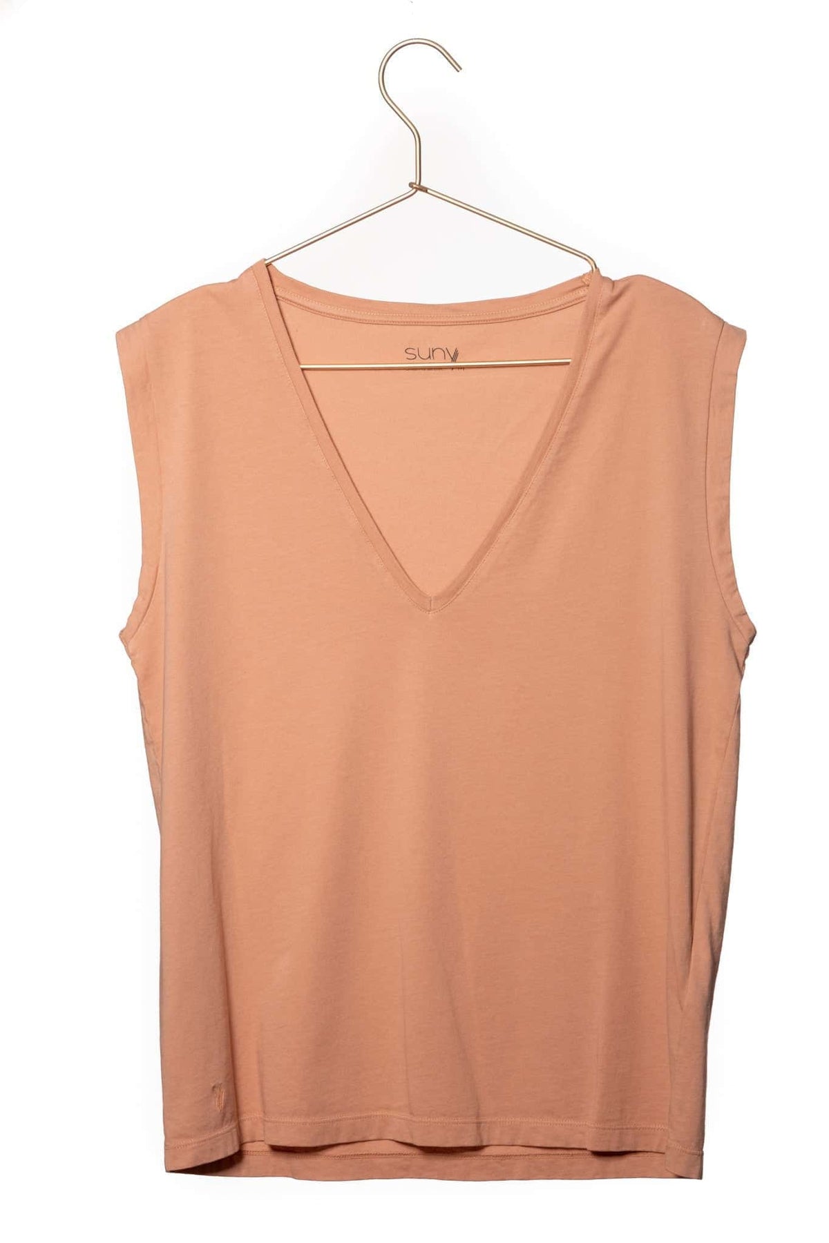 Tee shirt femme sans manche débardeur manche courte rock en coton jersey bio GOTS coupe droite, coupe ajustée, col V rose des sables, rose doux, rose corail, rose brun, rose 