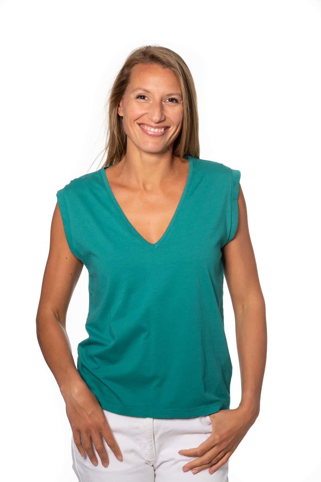 Tee shirt femme sans manche débardeur manche courte rock en coton jersey bio GOTS coupe droite, coupe ajustée, col V vert émeraude, vert intense, vert lumineux, vert canard,